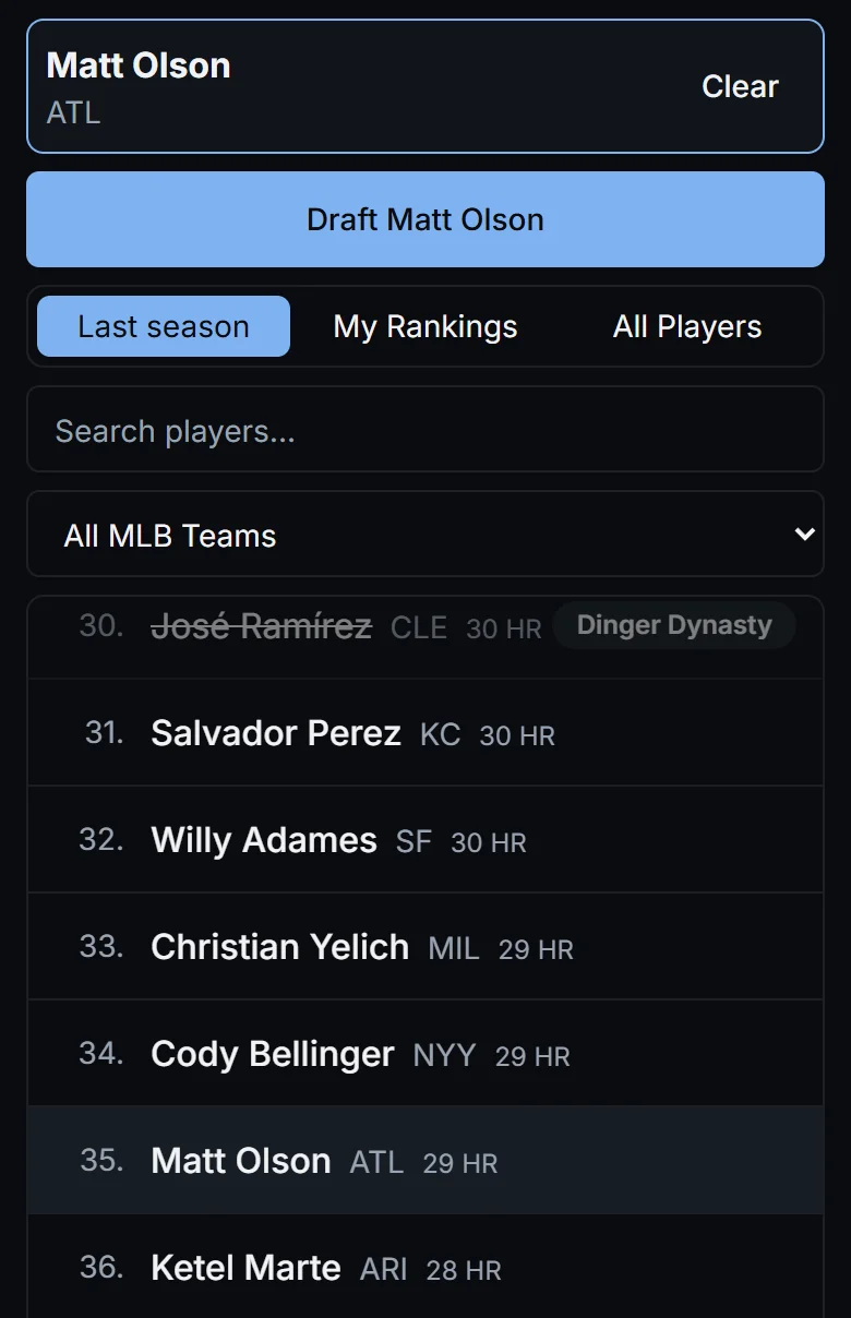 Picking on a phone: Matt Olson is selected, a Draft Matt Olson button sits above the list of available players.